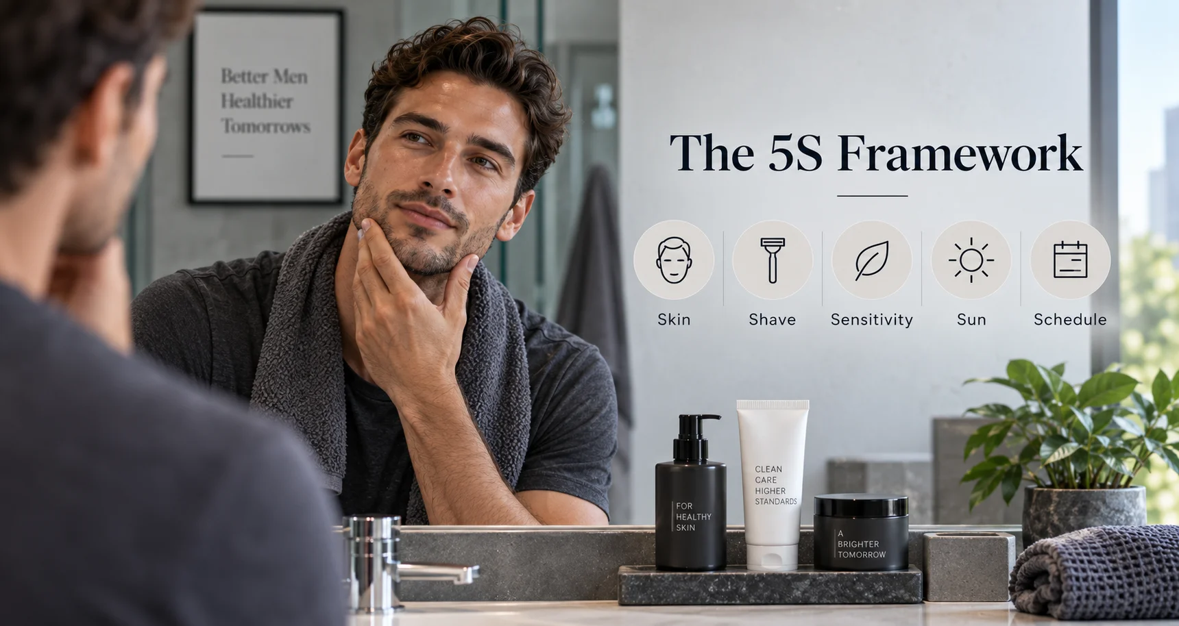 A man wearing a towel around his shoulders looks at his reflection in the mirror while touching his face. Skincare products are on the counter, and the 5S framework for skincare is displayed on the mirror.